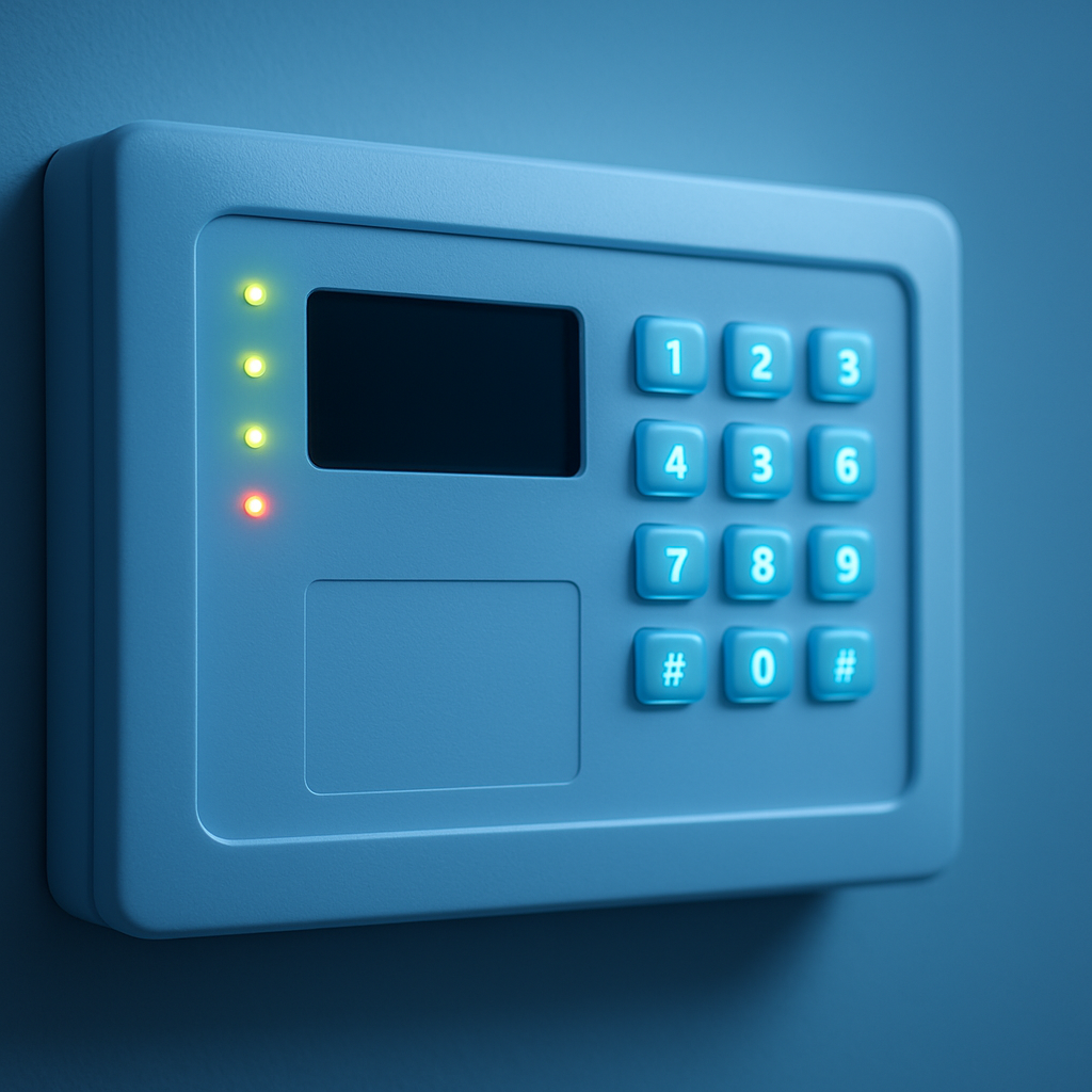 Modern commercial alarm control panel mounted in a corporate facility