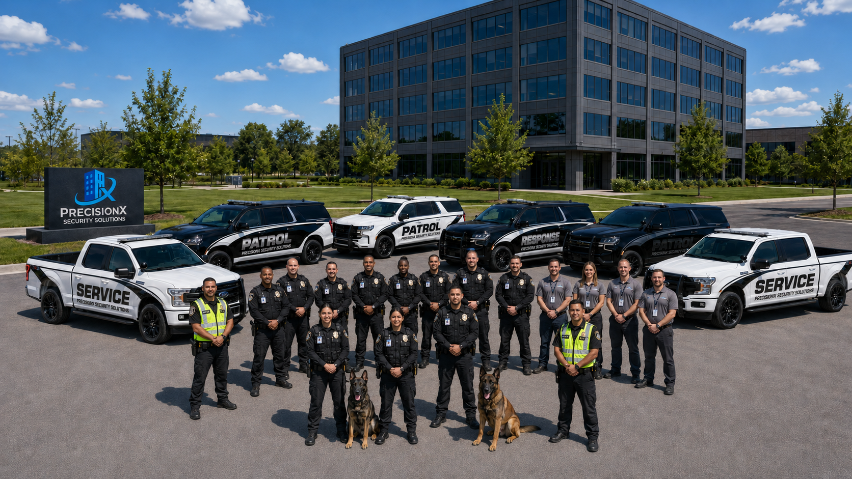 The full PrecisionX Security Solutions team and marked vehicle fleet in front of a corporate facility