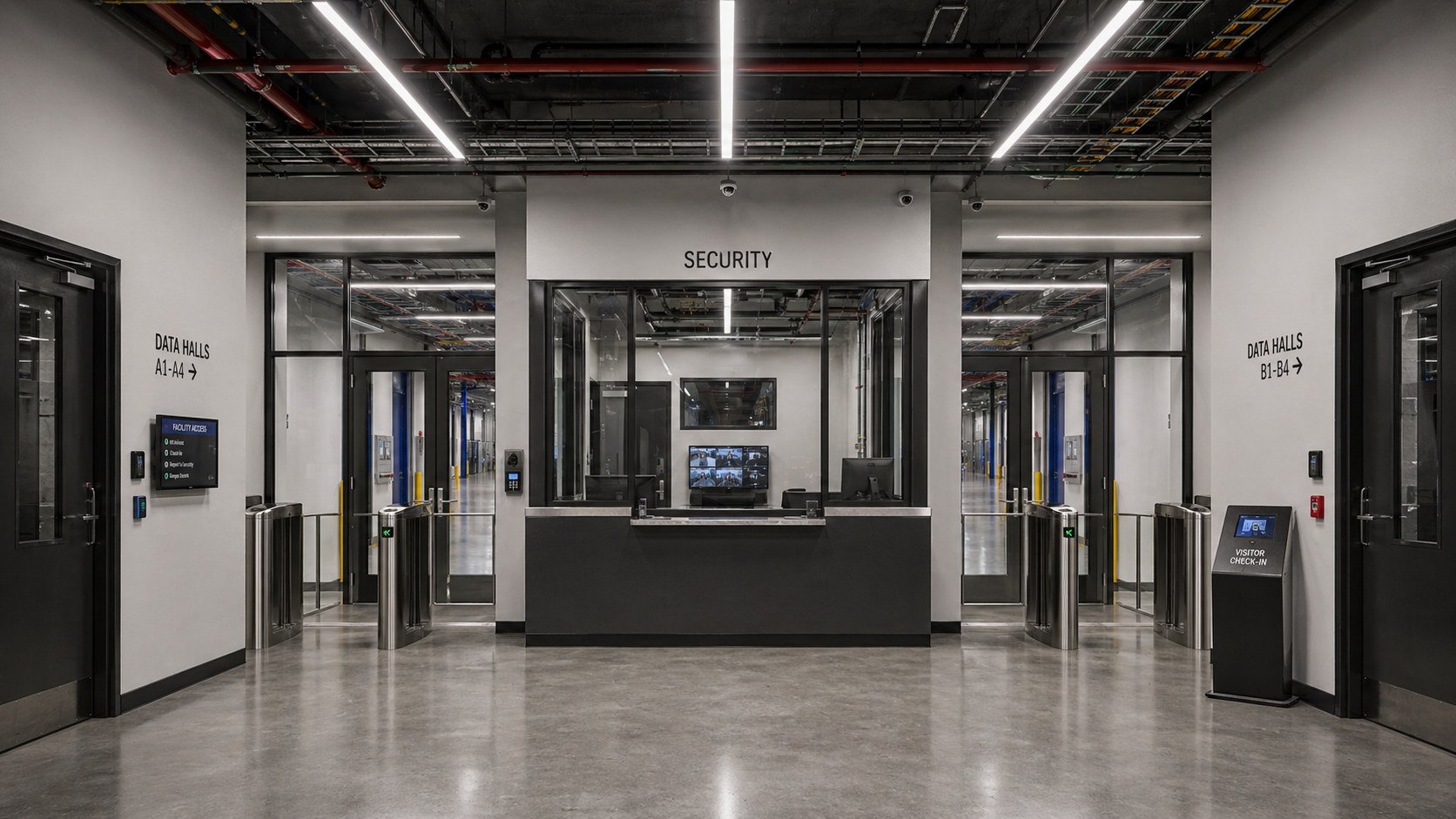 Data center security checkpoint with guard desk, turnstiles, and surveillance monitors operated by PrecisionX Security Solutions