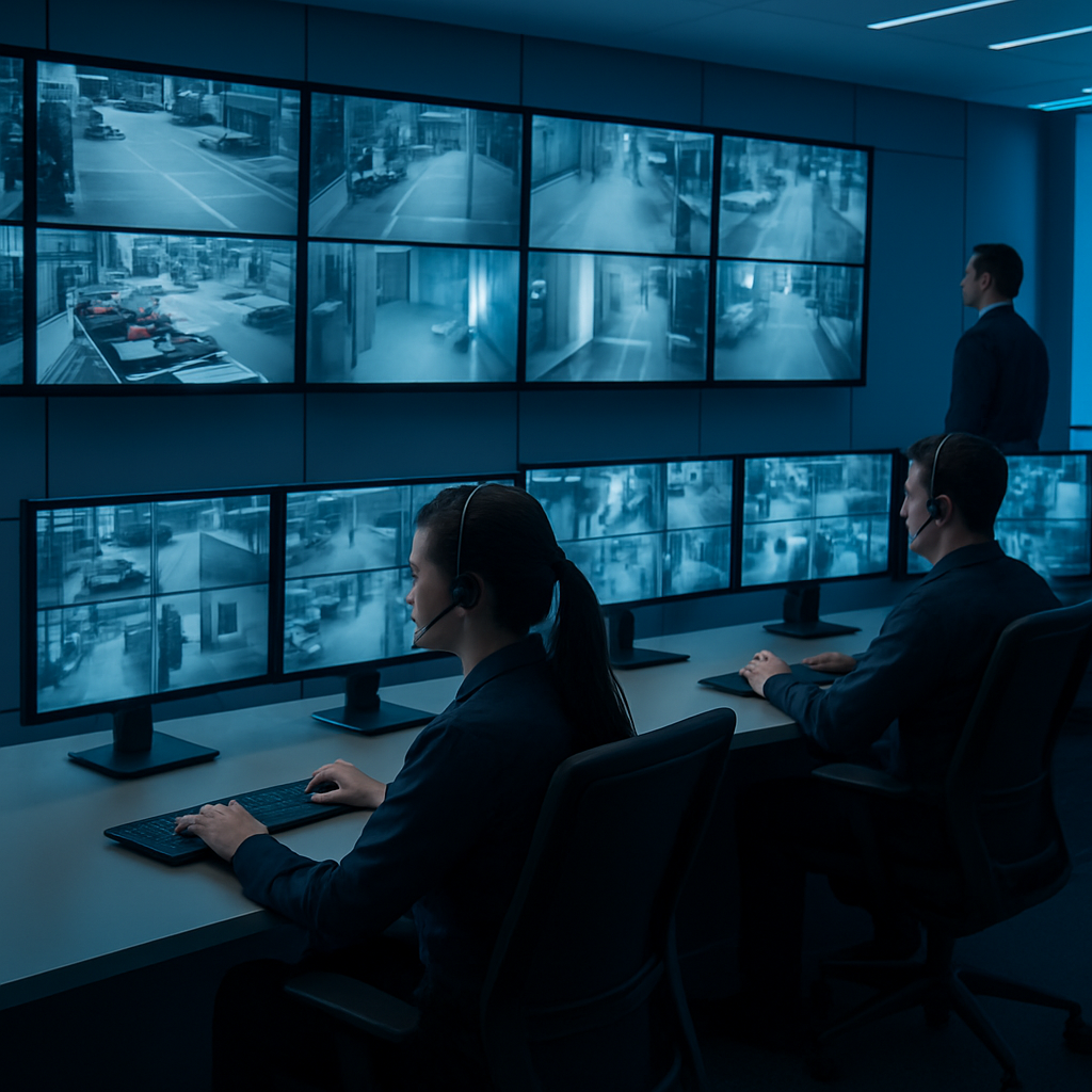 PrecisionX operators monitoring surveillance camera feeds in a security operations center
